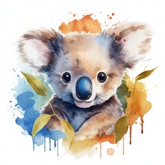 Watercolor painting of a cute koala bear and some eucalyptus, white background