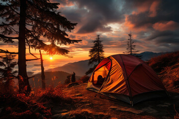 Tourist tent in the mountains under dramatic evening sky. Colorfull sunset in mountains. Camping travell concept. Traveler people enjoying the advanture alternative vacation