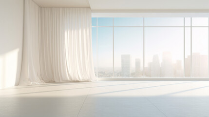 Floor-to-Ceiling Windows: On one side of the room, there are expansive floor-to-ceiling windows, allowing ample natural light to flood the space. White sheer curtains billow softly in the breeze - obrazy, fototapety, plakaty