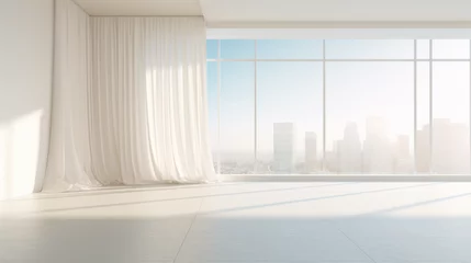 Foto op Canvas Floor-to-Ceiling Windows: On one side of the room, there are expansive floor-to-ceiling windows, allowing ample natural light to flood the space. White sheer curtains billow softly in the breeze © Textures & Patterns