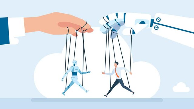 A person manipulates a robot. Artificial intelligence controls the man. Interdependence of humanity and technology. Freedom concept. Artificial Intelligence technology. 2d flat bright animation