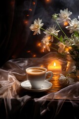 Obraz na płótnie Canvas Cozy bright photo. A cup of coffee by the window, flowers