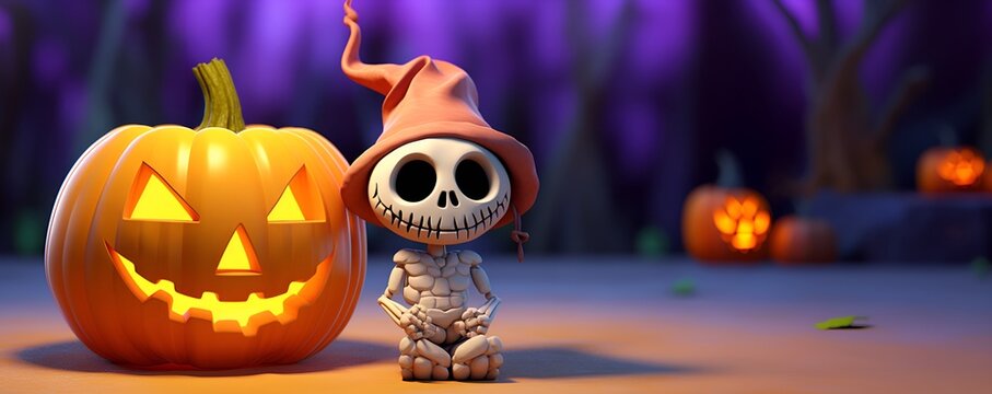 cute skull and pumpkin halloween background copy space, ai generative