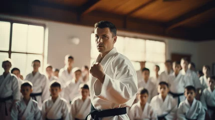 Foto op Plexiglas A karate martial arts sensei teaching in a dojo hall and wearing white kimono and black belt © Diana
