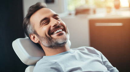 Handsome adult man client patient at a dental clinc laying on the orthodontic dental chair
