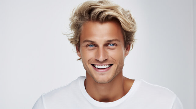 Photo portrait of a handsome blonde man smiling with clean teeth isolated on white