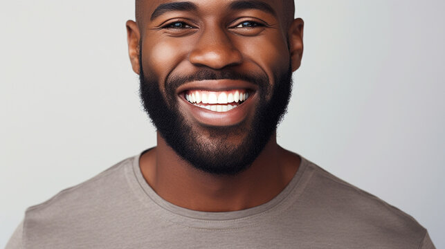 Photo portrait of a handsome black man smiling with clean teeth isolated on white