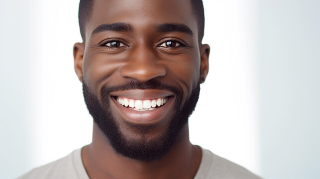 Photo portrait of a handsome black man smiling with clean teeth isolated on white