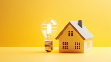 Fototapeta na wymiar White light bulb beside wooden house model on bright yellow background. Energy saving light bulb. energy efficient home, new home Idea. energy saving. technology protection of the house from the cold.