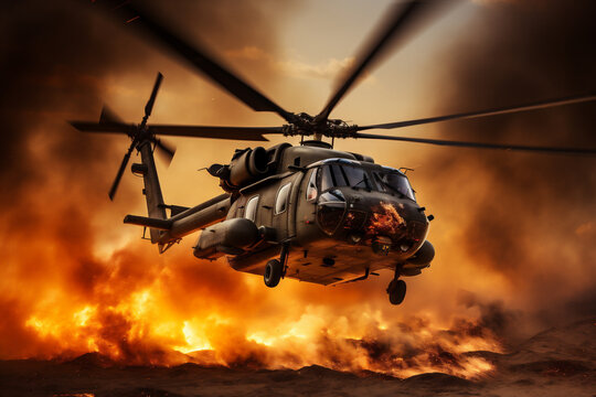 Helic&oacute;ptero militar cruza fuego y humo en el desierto. IA Generativa