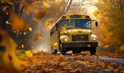 yellow school bus car on the road with autumn orange leaves, ai generative - obrazy, fototapety, plakaty