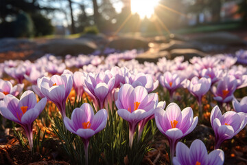 Close-up portrait of crocus flowers in the garden - obrazy, fototapety, plakaty
