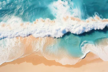 Fototapeten Beach Sand Sea Shore with Blue wave and white foamy summer background,Aerial beach top view overhead seaside © Tjeerd