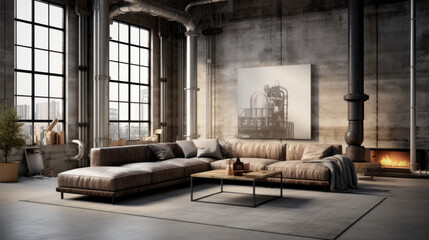 Industrial Chic Loft: Exposed pipes, concrete floors, and a leather sectional give an industrial edge. Edison bulb pendant lights and metal accents add to the urban vibe - obrazy, fototapety, plakaty