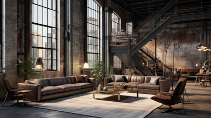 Industrial Chic Loft: Exposed pipes, concrete floors, and a leather sectional give an industrial edge. Edison bulb pendant lights and metal accents add to the urban vibe - obrazy, fototapety, plakaty