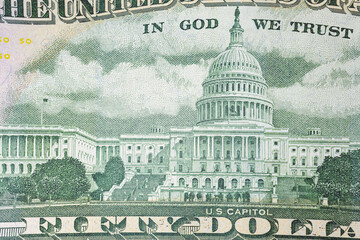 Capitol close-up on a fifty dollar bill, macro shot