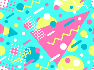 Memphis seamless pattern with geometric shapes in 80s style. Colorful geometric pattern. Design of promotional products, wrapping paper and printing. Vector illustration