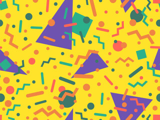 Geometric seamless pattern with memphis elements in 80s style. Colorful geometric pattern. Design of promotional products, wrapping paper and printing. Vector illustration