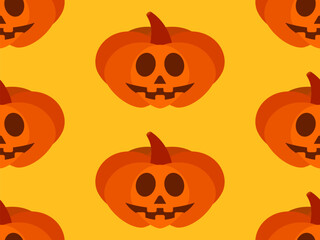 Halloween pumpkins seamless pattern. Halloween carved pumpkin face. Happy Halloween October 31st, trick or treat. Jack-o-lantern. Design for print, posters and banners. Vector illustration