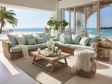 Coastal Interior Design. Interior Photography Of A Residential Timber Deck In A Coastal Style Home With Furniture Table Setting