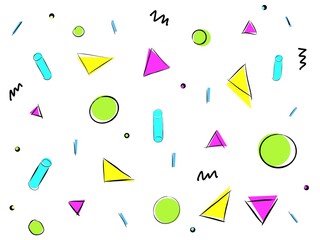 Wallpaper with geometric shapes, vibrant colors, 80s and 90s style. Repeat pattern for posters, fabrics or factories. Repeat abstract forms with vibrant colors