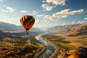 Red orange hot air balloon flies against a partly cloudy sky above a river through a beautiful valley with a backdrop of mountains - Powered by Adobe