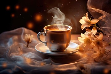 magic photo. A cup of coffee by the window and flowers