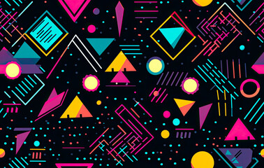Colorful 90s seamless art collage with bold abstract shapes and colors. For wall art, covers, interior decoration, and backgrounds.  Repeatable or tiled texture.