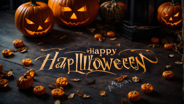 Scritta Happy Halloween contornato da tante zucche e Jack lanterna