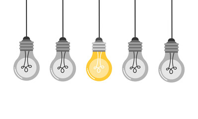 Bright hanging light bulb idea inspiration concept flat illustration design