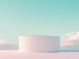 Round white podium with fantasy sky pastel color background. Green pastel background for showing product