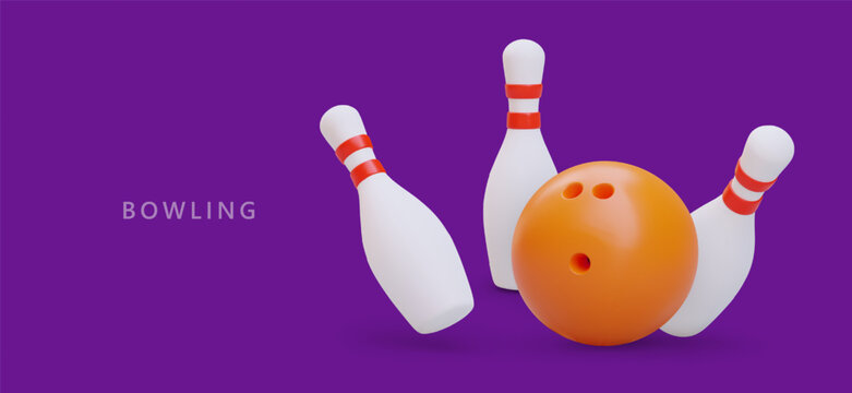 Realistic skittles, orange bowling ball. Advertising poster on purple background. Time to have fun. Game for company, couples. Concept for bowling club