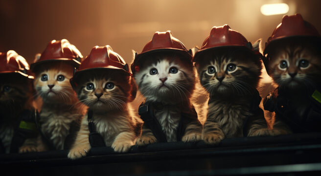 A group of cats wearing fireman hats, AI