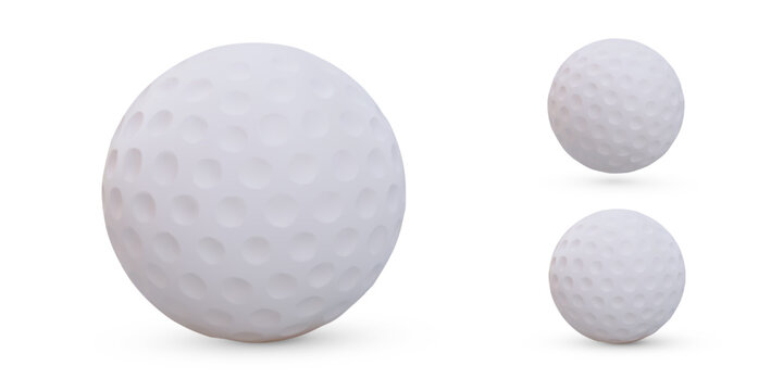Traditional white golf ball. Set of 3D illustrations. Round accessory for outdoor sports. Ball is in flight, lying. Image on white background. Shadows at different distances