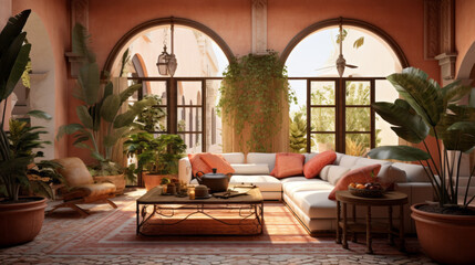 Mediterranean Villa Living Room: Inspired by Mediterranean villas, this room boasts terracotta tiles, wrought iron accents, and arched doorways