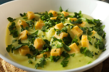 Tasty lunch concept with delicious cheese soup