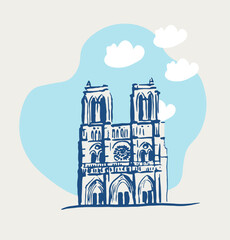 Notre Dame de Paris , travel , tourism, Paris, church,  
 monument, french architecture, old building, cityscape, sketch