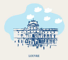 Louvre , museum, travel , tourism, Paris, monument, french architecture, old building, cityscape, sketch