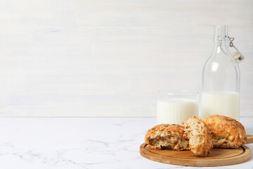 Breakfast tasty food concept - milk with bakery products