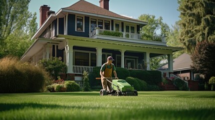 Fototapeta na wymiar Worker using a manual lawn mower mows grass on near the house