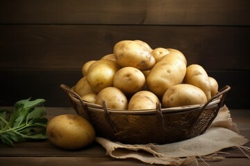 Fresh raw potatoes in basket on rustic oak board
