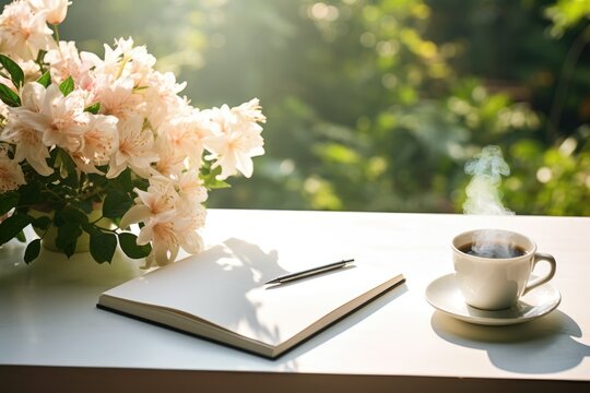 A cup of coffee on the table in the morning garden. a vase of flowers, a diary with a pen