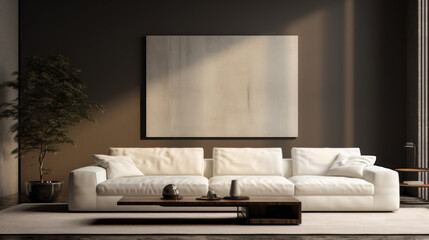Minimalist Elegance: This living room features a sleek white sofa positioned against a dark accent wall. A minimalist coffee table made of glass and metal sits in front. A large abstract painting hang