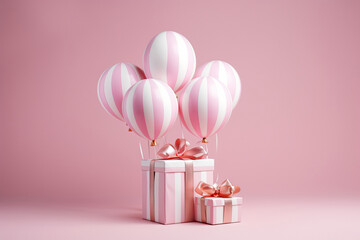White gift box with red ribbon and white balloon on pink background. minimal birthday and...