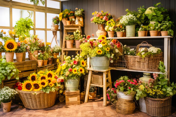 Fototapeta premium In the rustic florist's shop, a sunflower bouquet catches the eye, perfect for adding a touch of natural beauty and celebration