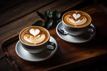 Schilderijen op glas Two cups of cappuccino, patterned on the foam. love, relationship, couple © iloli