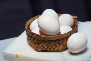 Selective focus Duck Eggs in basket. For healthy concept, medical concept. Nutrition and diet idea concept.