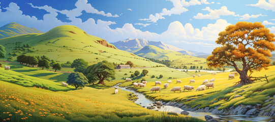 An idyllic illustration capturing the serene countryside landscape with lush green meadows, a clear blue sky, and a peaceful grazing pasture.