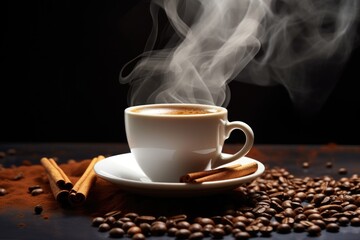 magic photo, postcard. A cup of coffee on the table on dark background