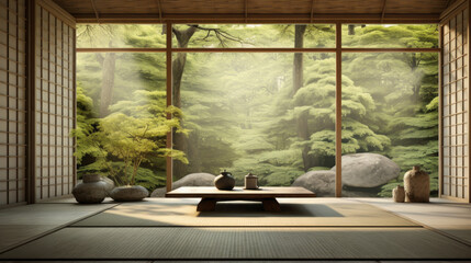Minimalist Japanese Zen Retreat: An oasis of tranquility with Japanese-inspired decor, tatami mats, shoji screens, and an ambiance that promotes inner peace